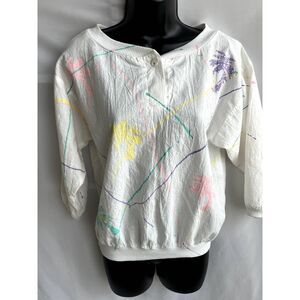 Vintage Sunstroke Popover Artsy Abstract Top 3/4 Sleeve Size S 100% Cotton Palms